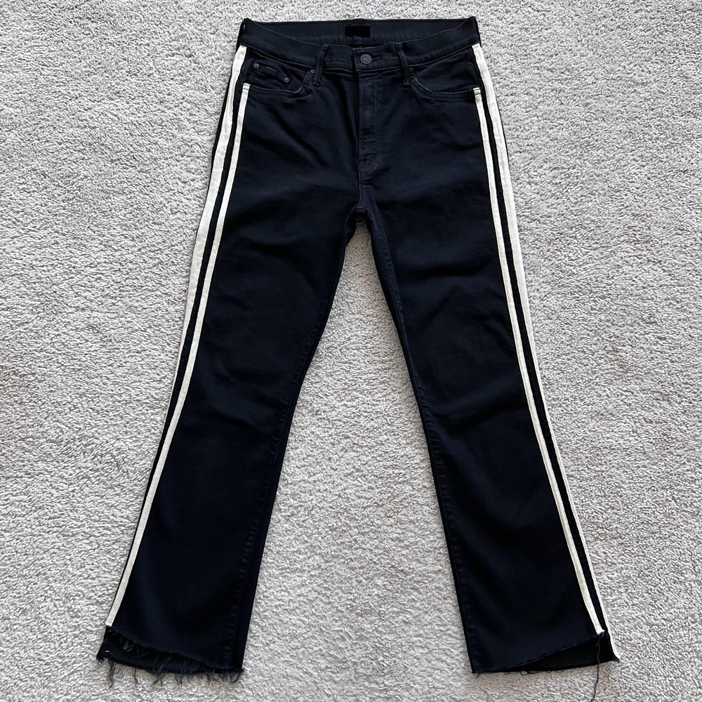 Mother Insider Crop Step Fray Guilty Racer Jeans Womens 29 Black Bootcut Stripe